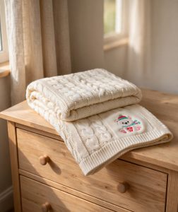 Polar Bear with Present Machine Embroidery Design embroidered on a blanket