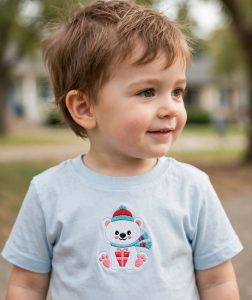 Polar Bear with Present Machine Embroidery Design embroidered on a t-shirt