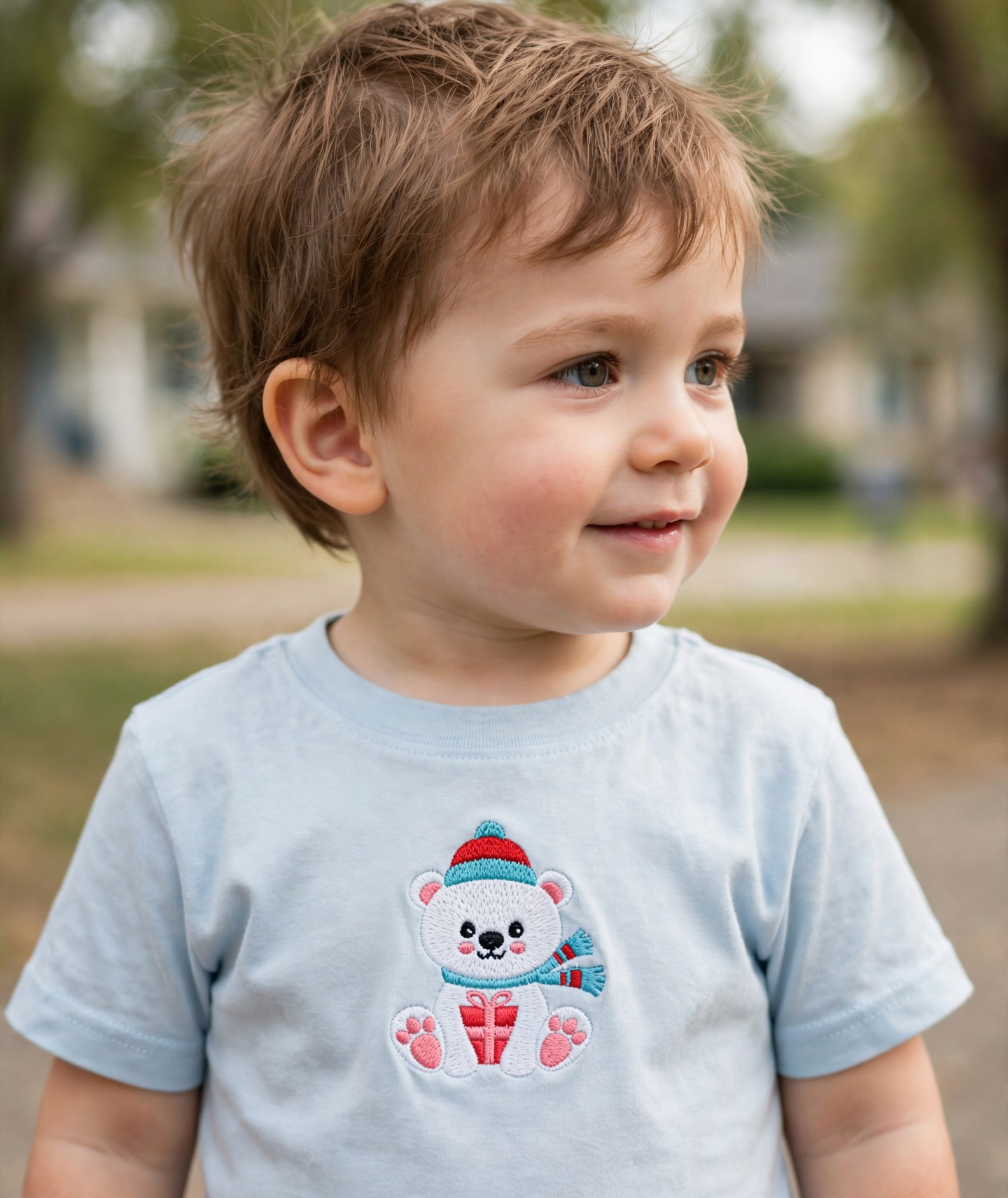 Polar Bear with Present Machine Embroidery Design embroidered on a t-shirt