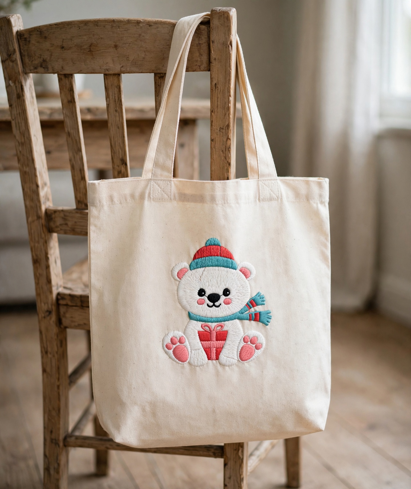 Polar Bear with Present Machine Embroidery Design embroidered on a tote bag