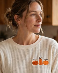 Pumpkin Trio Machine Embroidery Design shown in use