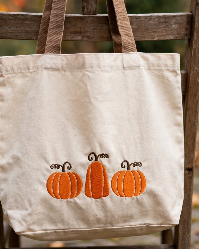 Pumpkin Trio Machine Embroidery Design embroidered on a tote bag