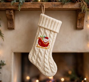 Santa in a Sleigh Machine Embroidery Design embroidered on a stocking