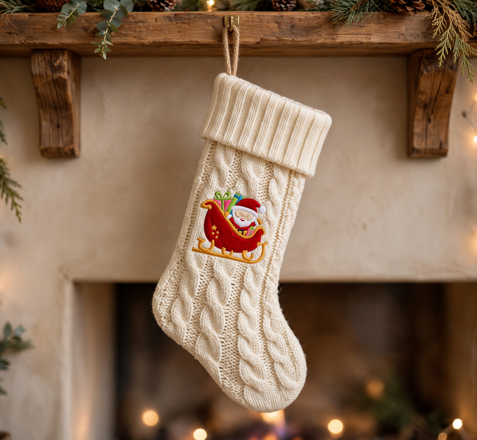 Santa in a Sleigh Machine Embroidery Design embroidered on a stocking
