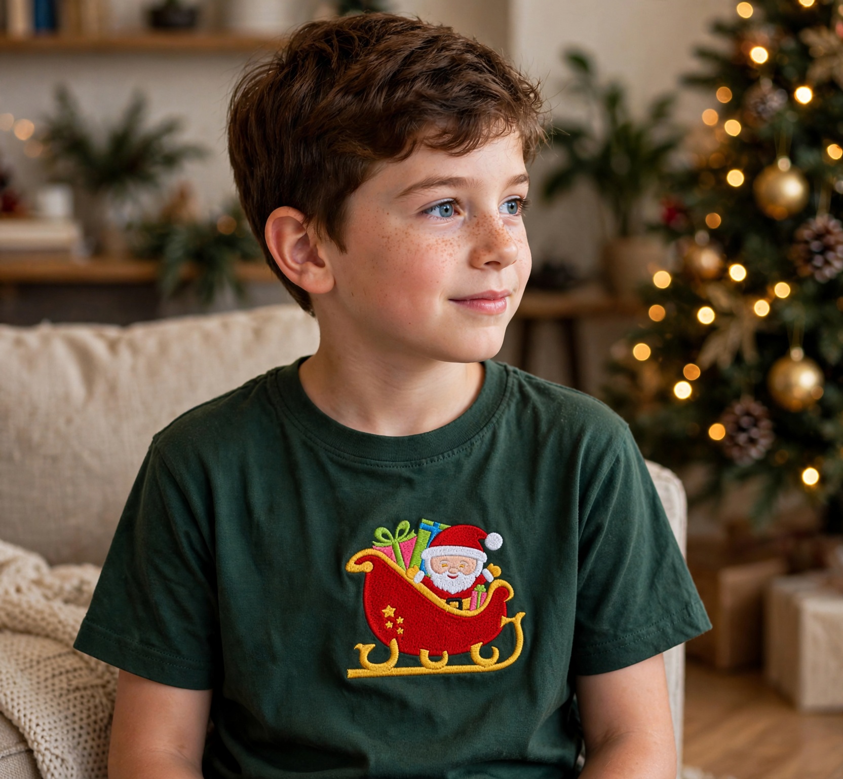 Santa in a Sleigh Machine Embroidery Design embroidered on a t-shirt