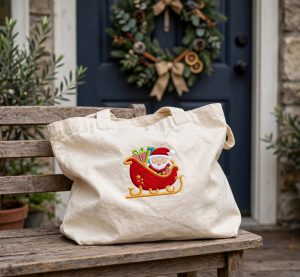 Santa in a Sleigh Machine Embroidery Design embroidered on a tote bag