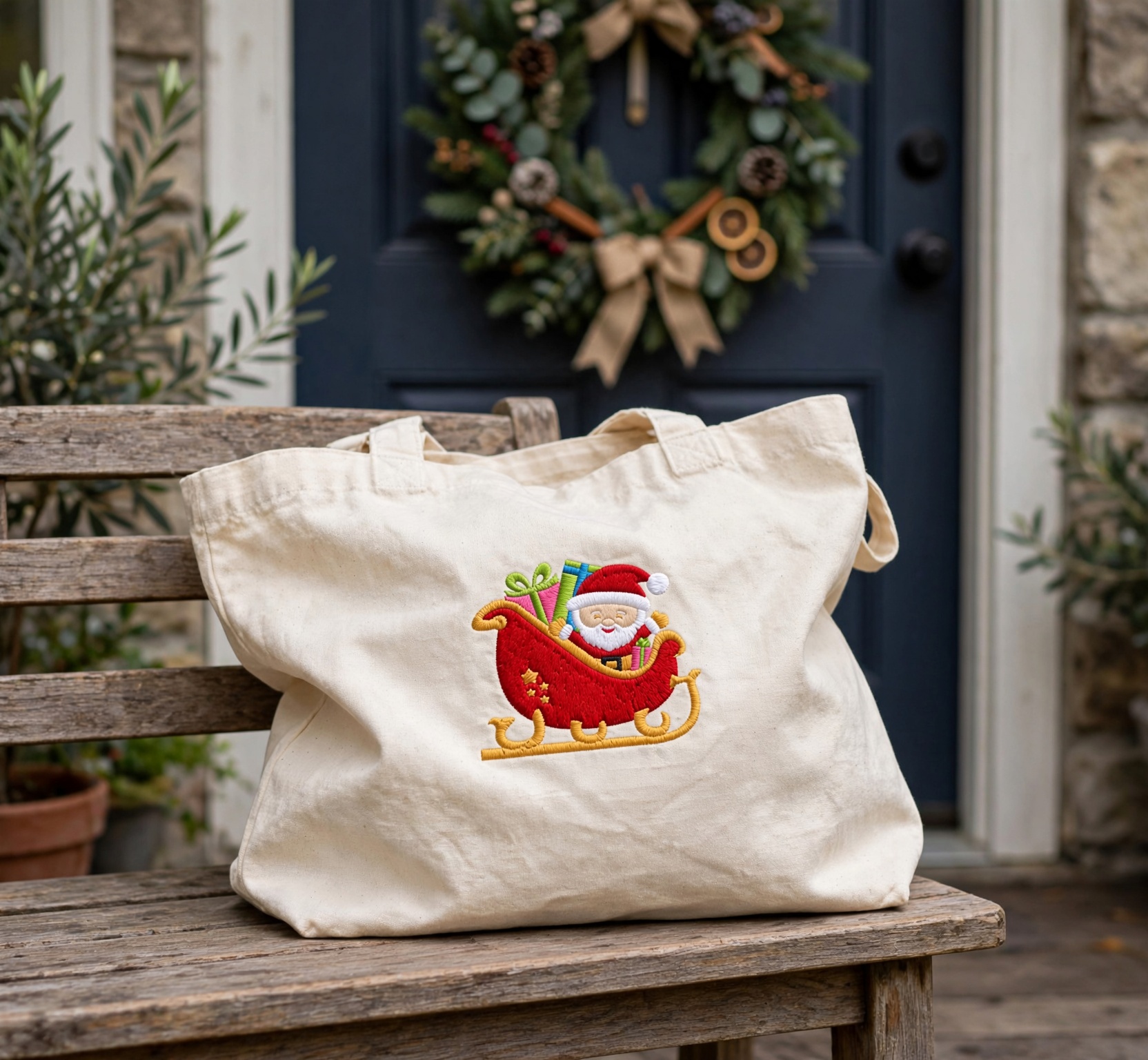 Santa in a Sleigh Machine Embroidery Design embroidered on a tote bag