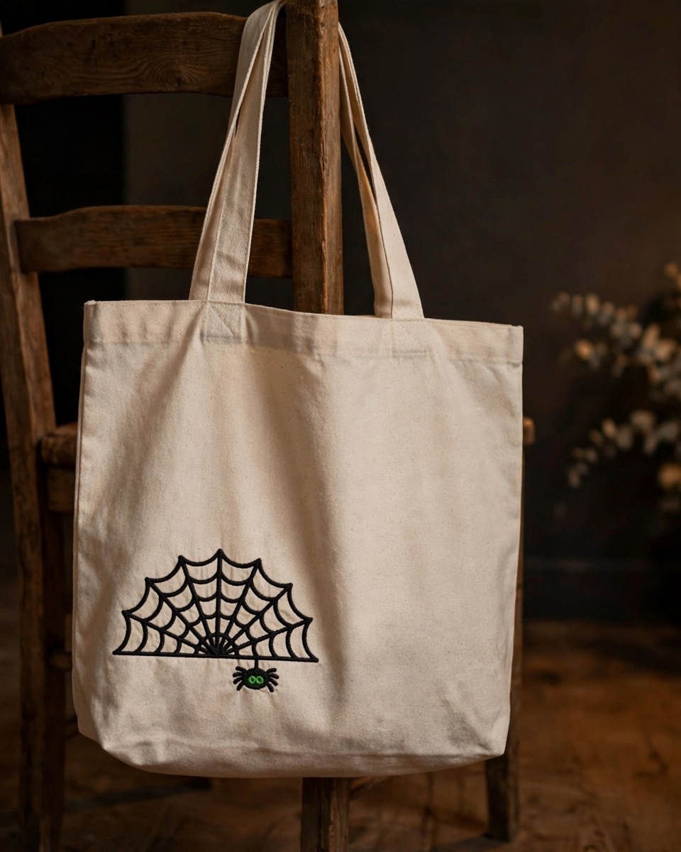 Spider on a Web Machine Embroidery Design embroidered on a tote bag