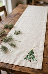 Swirly Christmas Tree Machine Embroidery Design embroidered on a table runner