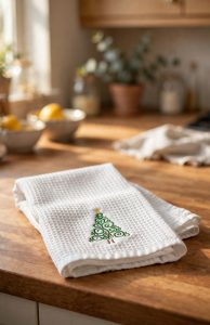 Swirly Christmas Tree Machine Embroidery Design embroidered on a towel