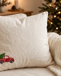 Vintage Truck with Christmas Tree Machine Embroidery Design embroidered on a pillow
