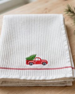 Vintage Truck with Christmas Tree Machine Embroidery Design embroidered on a towel