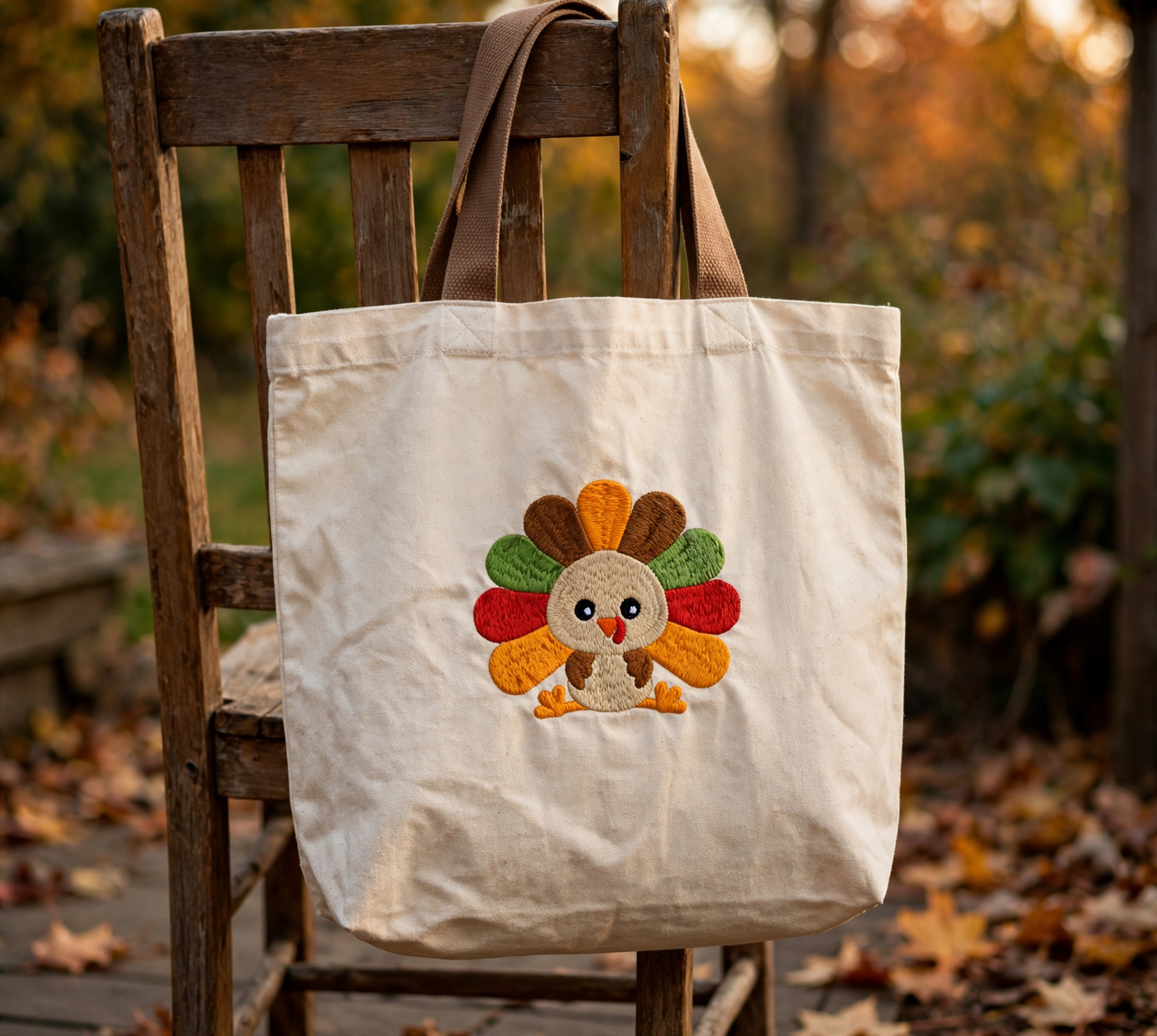 Turkey Machine Embroidery Design embroidered on a tote bag