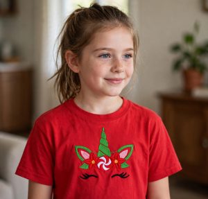 Christmas Unicorn Face Machine Embroidery Design embroidered on a t-shirt