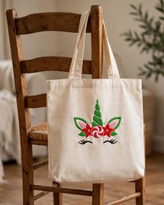 Christmas Unicorn Face Machine Embroidery Design embroidered on a tote bag