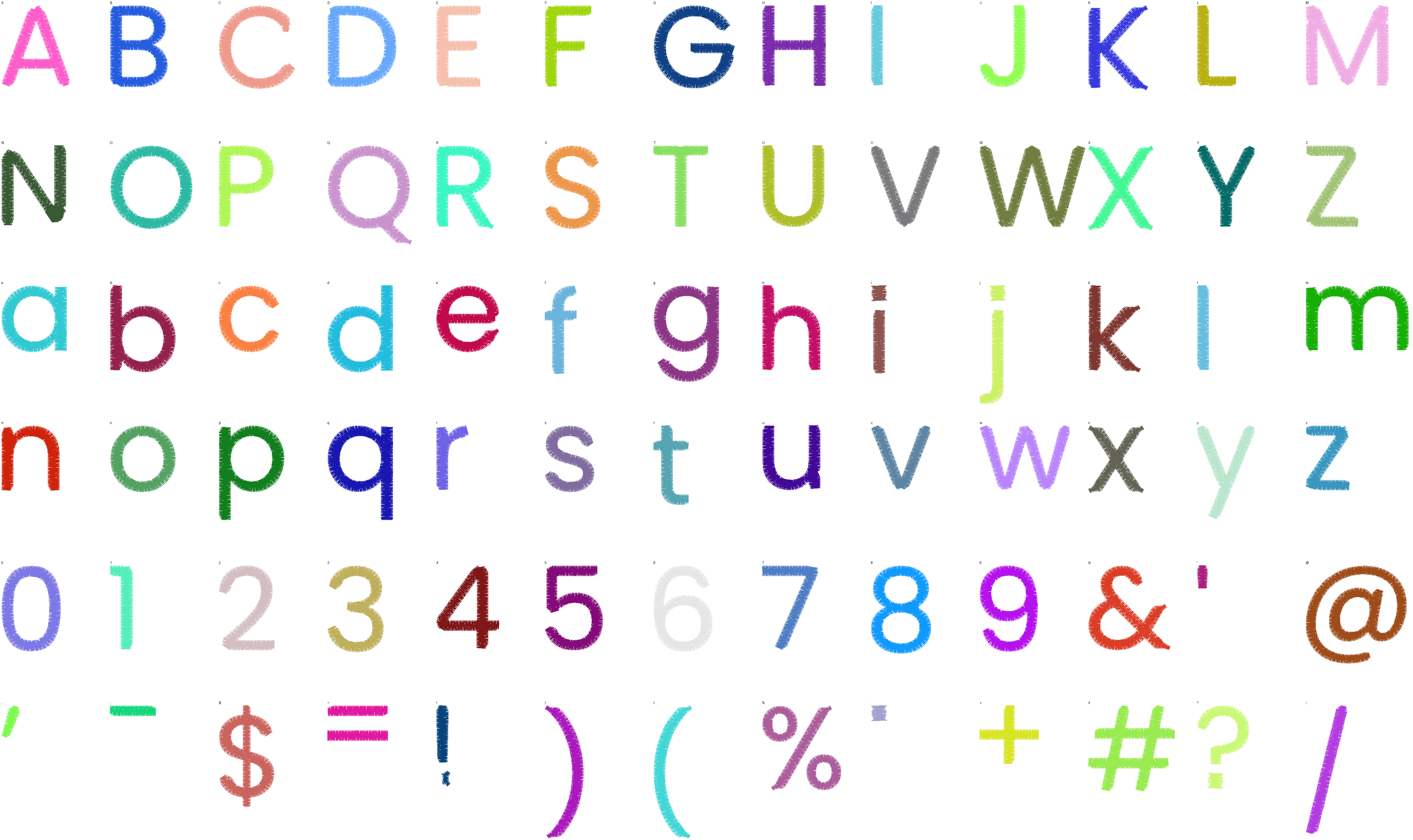 Confetti Sans full alphabet at 1 inch