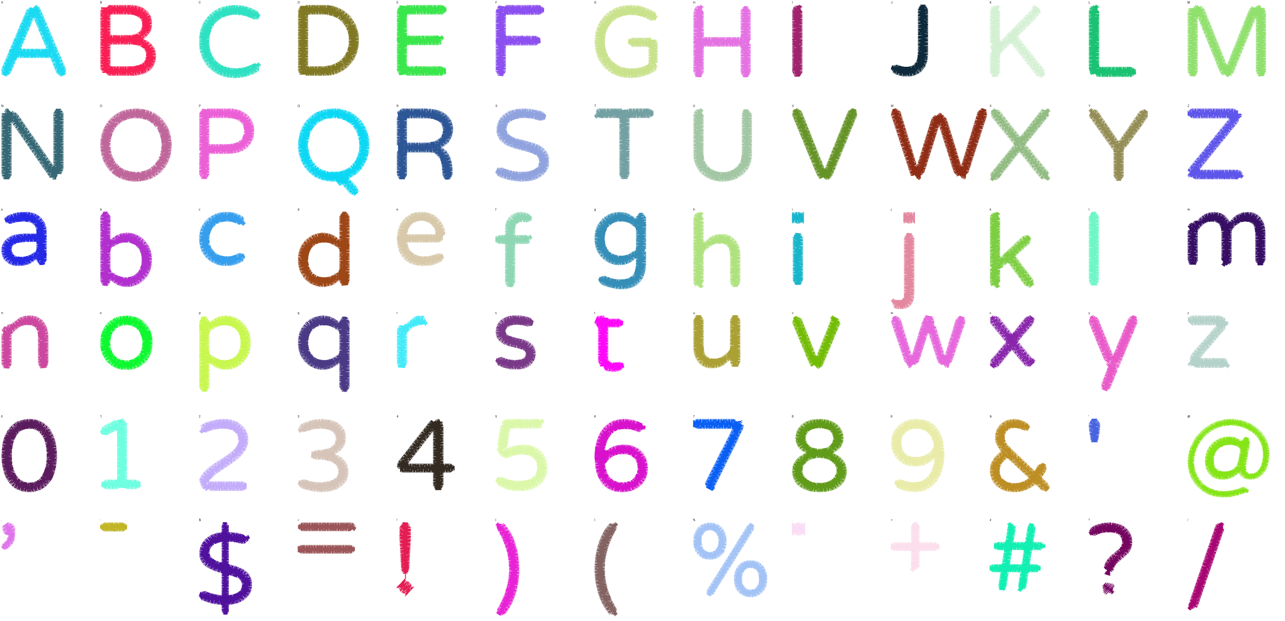 Pebble Sans full alphabet at 1 inch